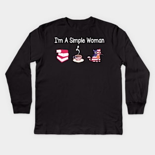 Reading Books Drinking Coffee And Loving Cats I'm A Simple Woman Happy Summer July 4th Day Kids Long Sleeve T-Shirt